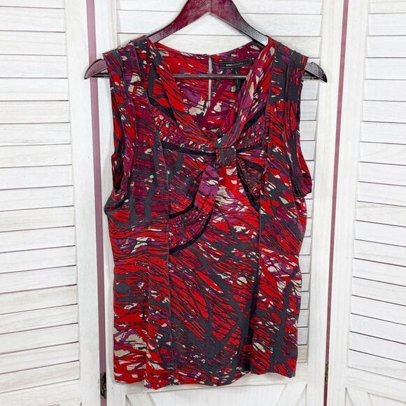 BCBGMaxAzria Abstract Print Knot Front Silk Blouse Sleeveless Black Red Medium - Picture 7 of 12